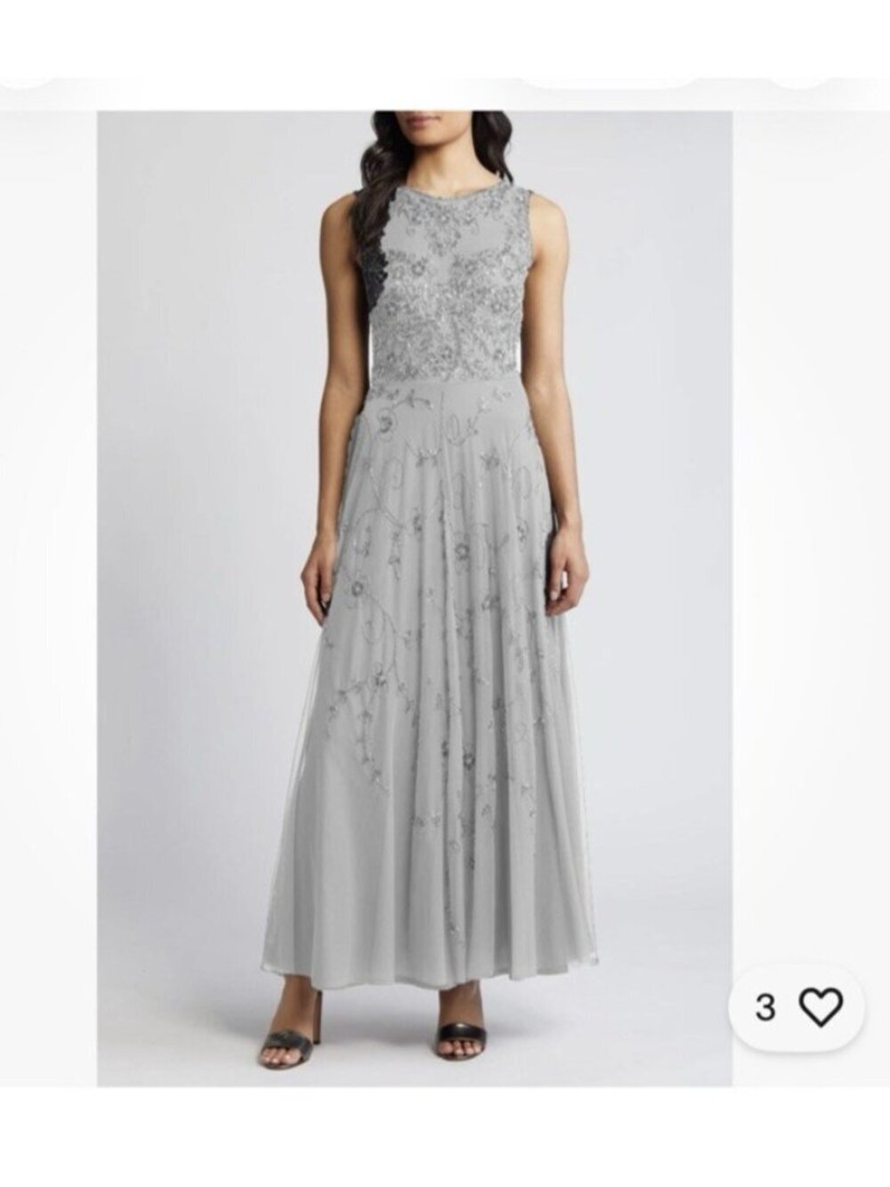 Pisarro Nights Gray Beaded Mesh Maxi Dress Formal Wedding Guest Gown Sz 12 Flaw
